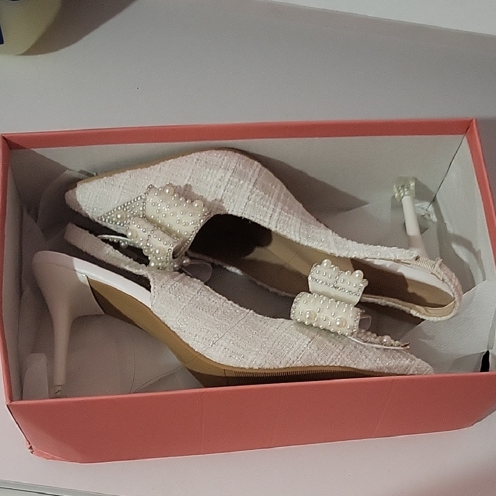 Elegant Pearl-Embellished White Slingback Heels